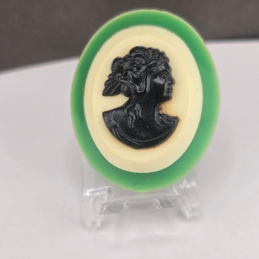 Vintage Estate Cameo Brooch Green Black Cream Oval Resin Portrait Pin 1.75"